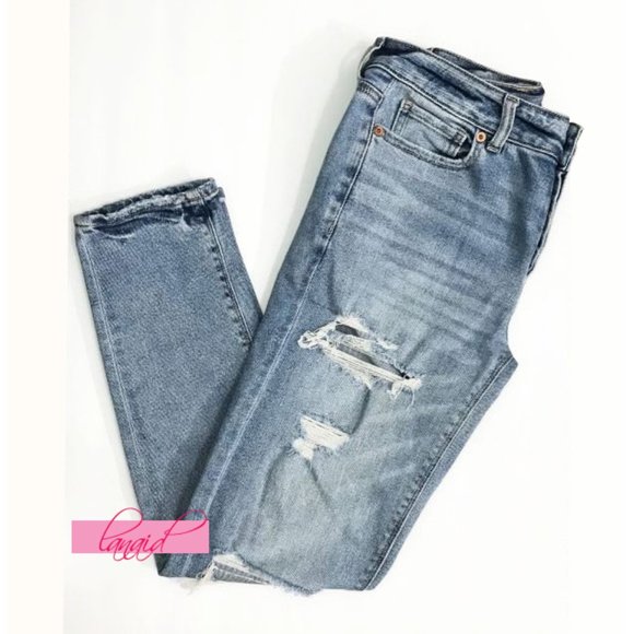 American Eagle Stretch Tomgirl Jeans Slashed Sky Destroyed Ripped BF Boyfriend 0 - Picture 7 of 14